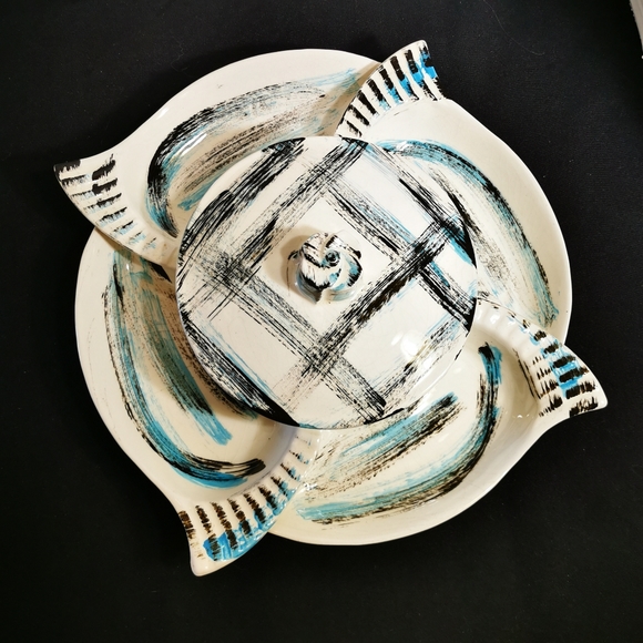 California Pottery Vintage Serving Set Blue and Black Brushstroke Plaid 6 Pieces - Picture 4 of 16